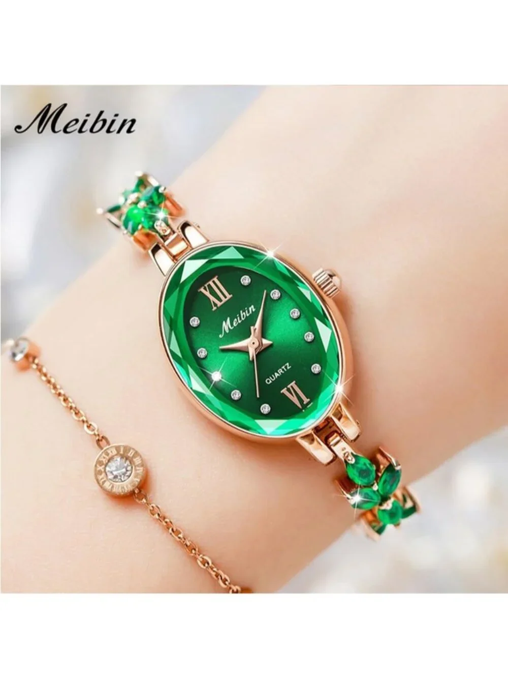 Women's Green Crystal Diamond Bangle Ladies Bracelet Luxury Oval Gold Watches